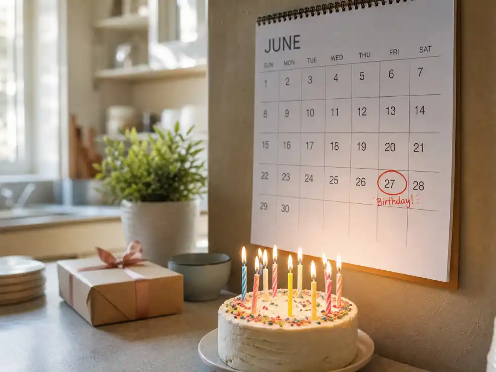 June 27 birthday calendar and candles marking how old is Khloe Kardashian each year when fans celebrate her Cancer birth date