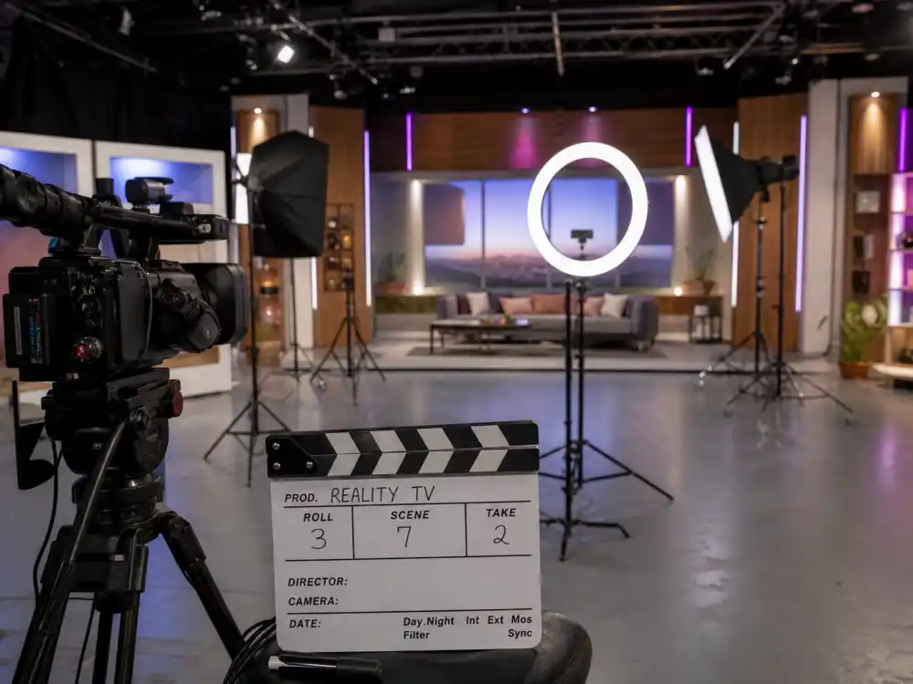 Reality television studio with cameras reflecting how old is Khloe Kardashian career arc from family docuseries breakout to fitness and fashion empire