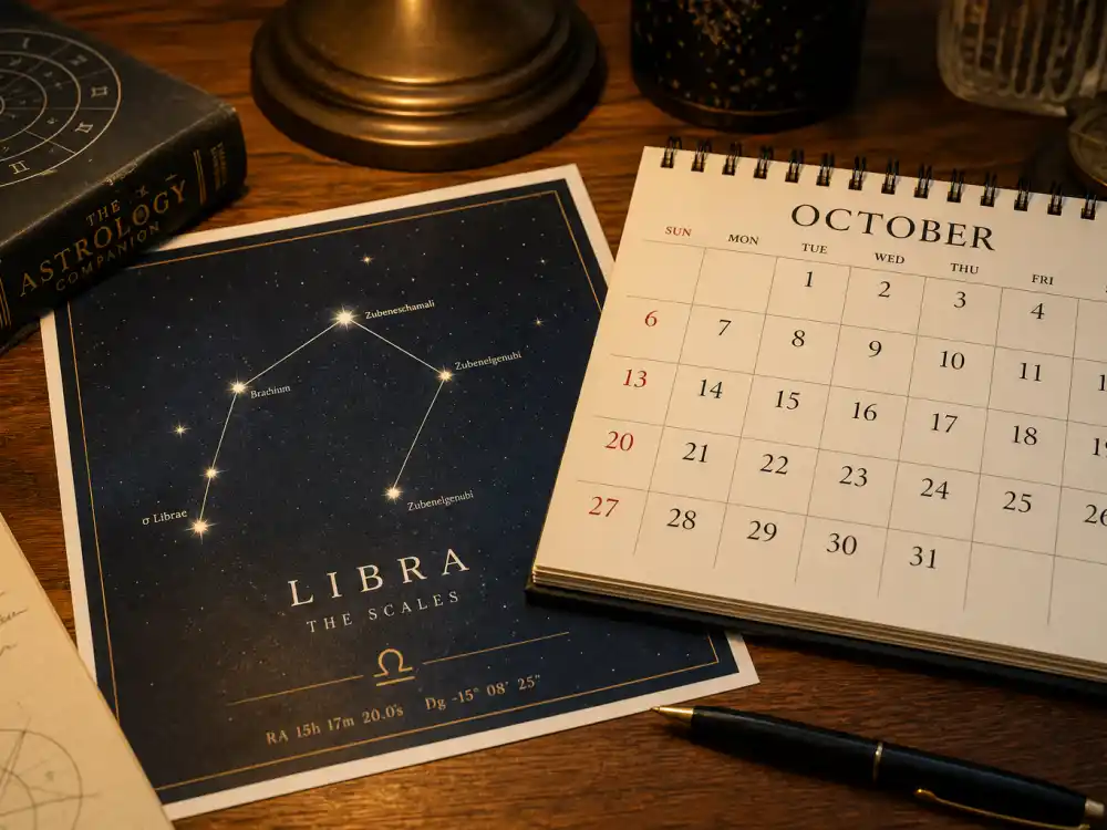 Libra zodiac chart beside October calendar for how old is Kim Kardashian — October 21 birth date places her under the Libra sign in Western astrology