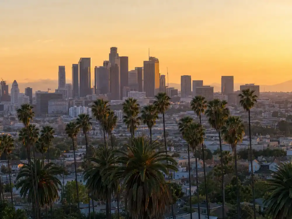 Los Angeles California skyline evoking how old is Kim Kardashian birthplace — the city where Kimberly Noel Kardashian was born on October 21, 1980