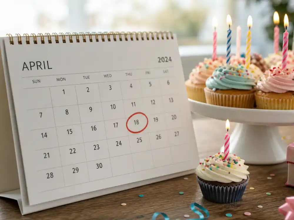 April 18 birthday calendar and candles marking how old is Kourtney Kardashian each year when fans celebrate her Aries birth date