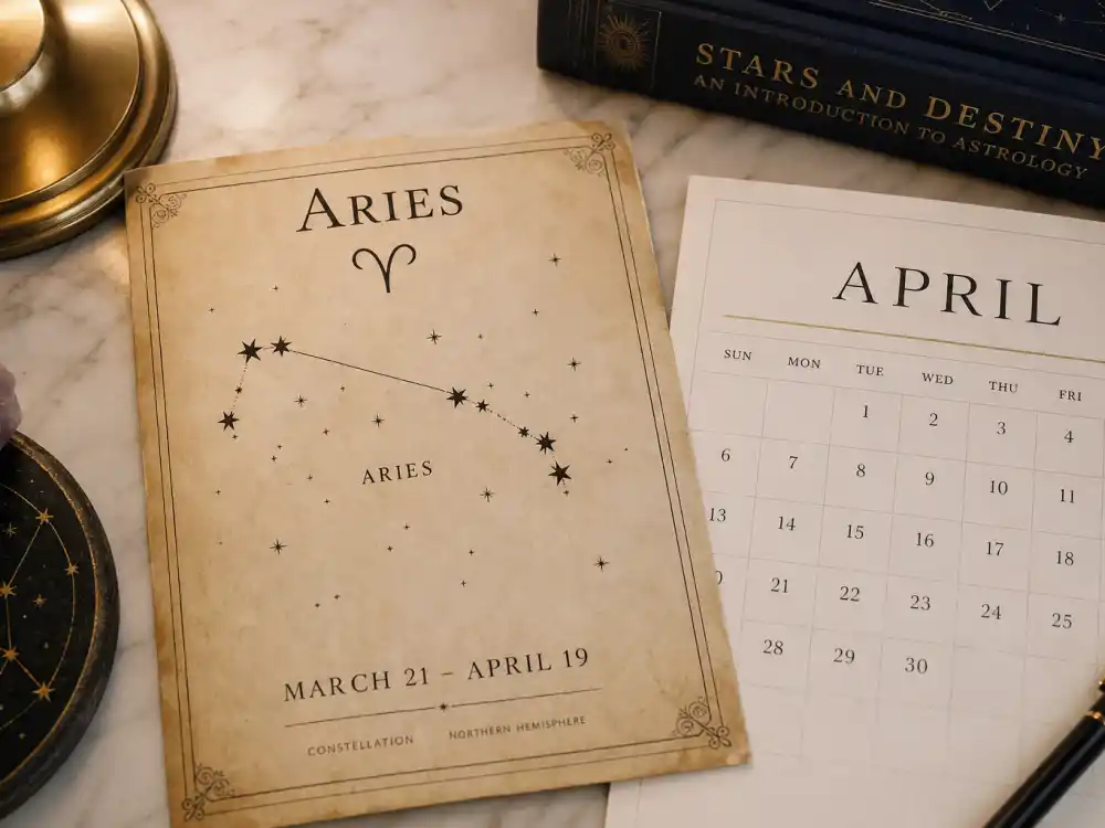 Aries zodiac chart beside April calendar for how old is Kourtney Kardashian — April 18 birth date places her under the Aries sign in Western astrology