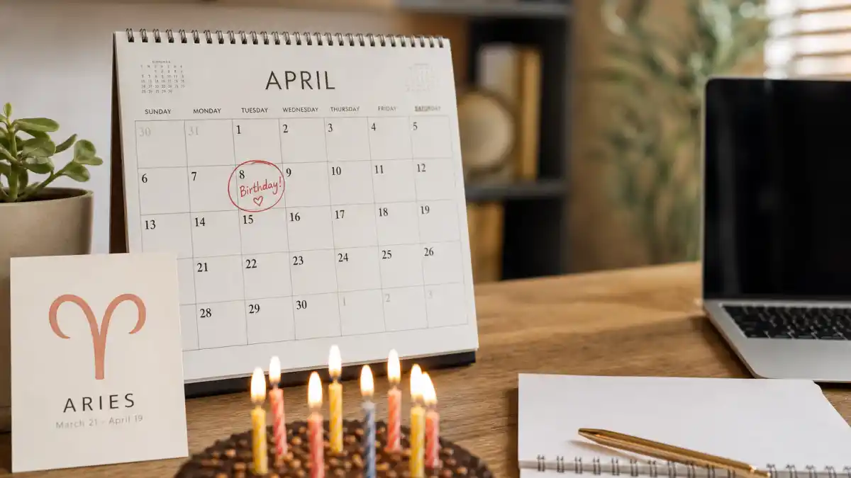 How old is Kourtney Kardashian — desk calendar open to April with Aries zodiac decorations marking her birthday birth date