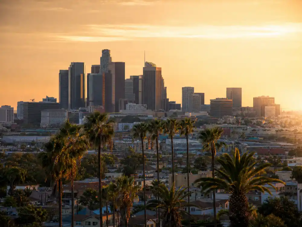 Los Angeles skyline evoking how old is Kourtney Kardashian birthplace — the city where Kourtney Mary Kardashian was born on April 18, 1979