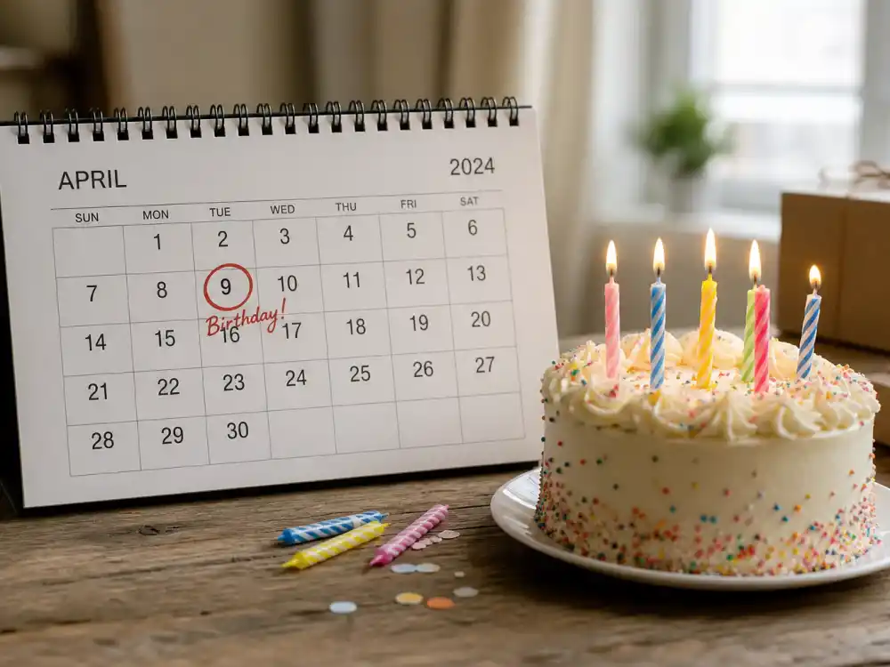 April 9 birthday calendar and candles marking how old is Kristen Stewart each year when fans celebrate her Aries birth date