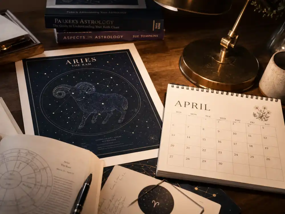 Aries zodiac chart beside April calendar for how old is Kristen Stewart — April 9 birth date places her under the Aries sign in Western astrology