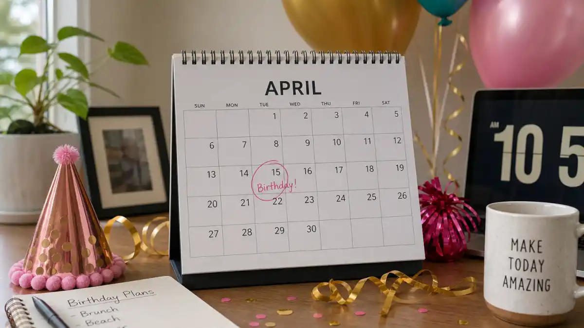How old is Kristen Stewart — desk calendar open to April with birthday decorations marking her Aries birth date