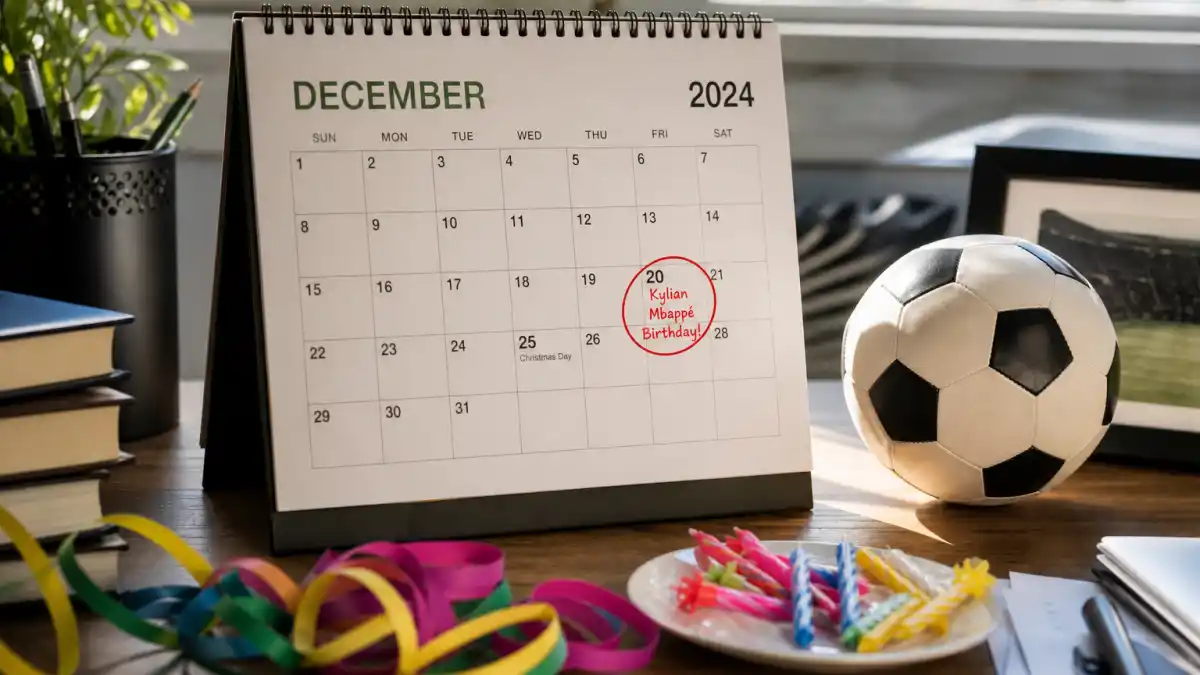 How old is Kylian Mbappe — desk calendar open to December with birthday decorations and soccer ball marking his Sagittarius birth date