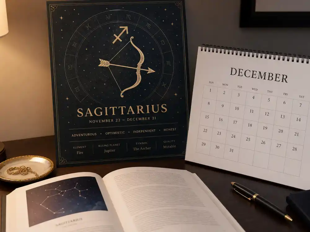 Sagittarius zodiac chart beside December calendar for how old is Kylian Mbappe — December 20 birth date places him under the Sagittarius sign in Western astrology