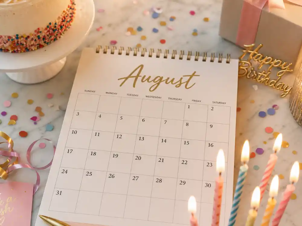 August 10 birthday calendar and candles marking how old is Kylie Jenner each year when fans celebrate her Leo birth date