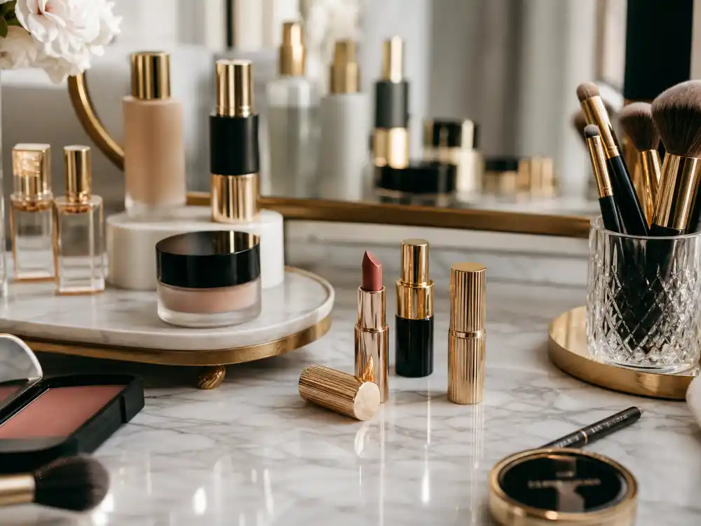 Luxury beauty vanity with cosmetic products reflecting how old is Kylie Jenner career arc from reality television breakout to global beauty mogul status