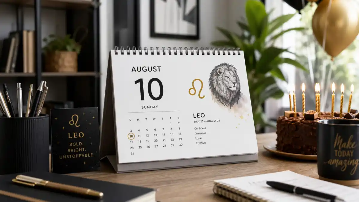 How old is Kylie Jenner — desk calendar open to August with Leo zodiac decorations marking her birthday birth date