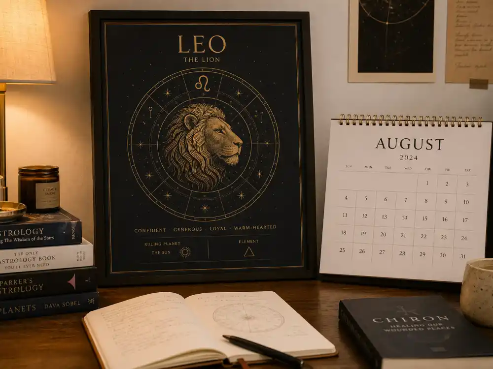 Leo zodiac chart beside August calendar for how old is Kylie Jenner — August 10 birth date places her under the Leo sign in Western astrology