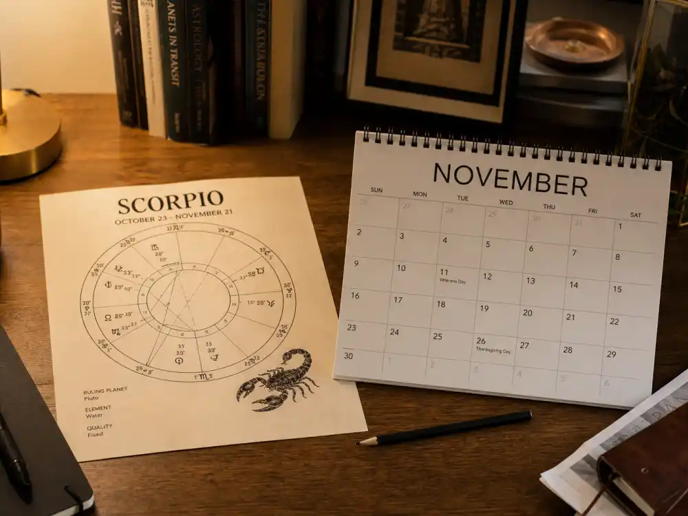 Scorpio zodiac chart beside November calendar for how old is Leonardo DiCaprio — November 11 birth date places him under the Scorpio sign in Western astrology