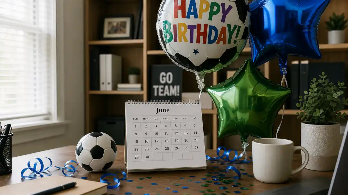 How old is Lionel Messi — desk calendar open to June with birthday decorations and soccer ball marking his Cancer birth date