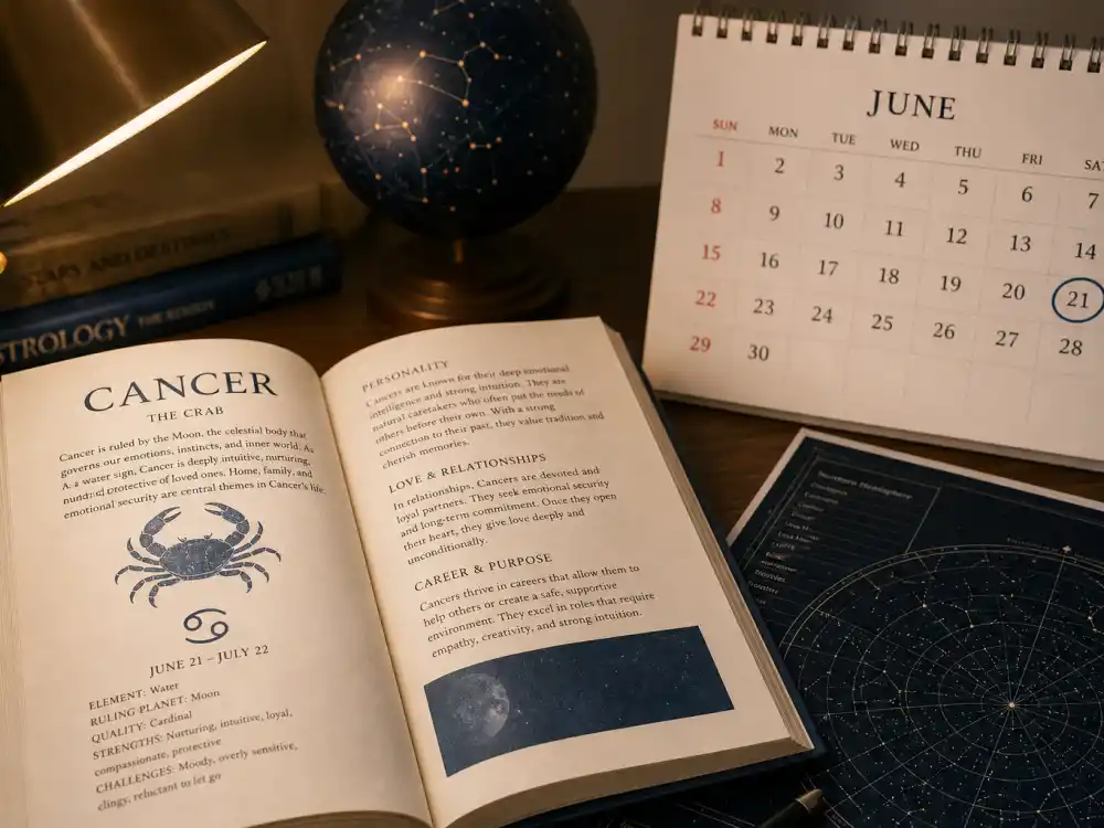 Cancer zodiac chart beside June calendar for how old is Lionel Messi — June 24 birth date places him under the Cancer sign in Western astrology