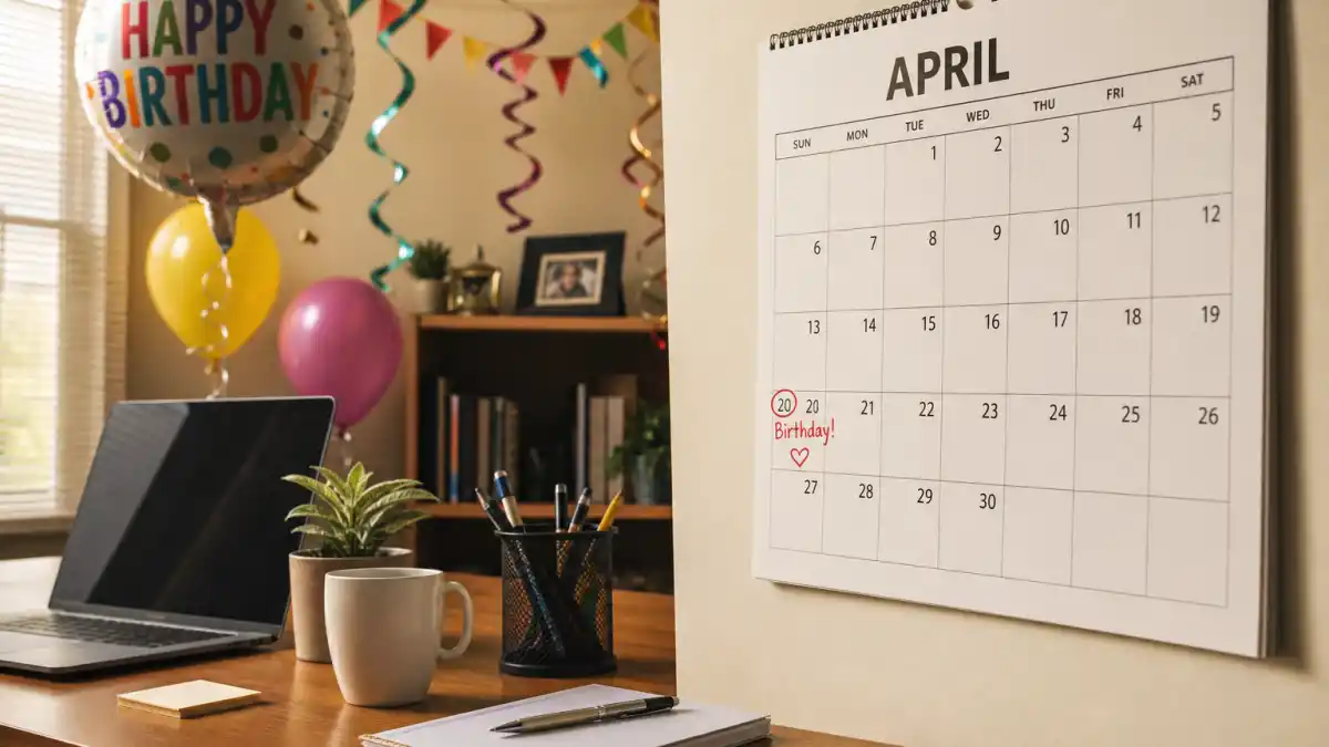 How old is Lizzo — desk calendar open to April with birthday decorations marking her Taurus birth date