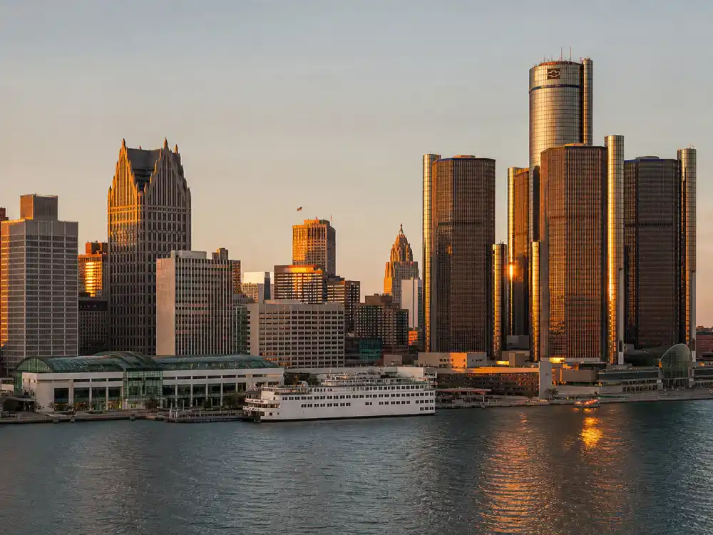 Detroit Michigan skyline evoking how old is Lizzo birthplace — the city where Melissa Viviane Jefferson was born on April 27, 1988