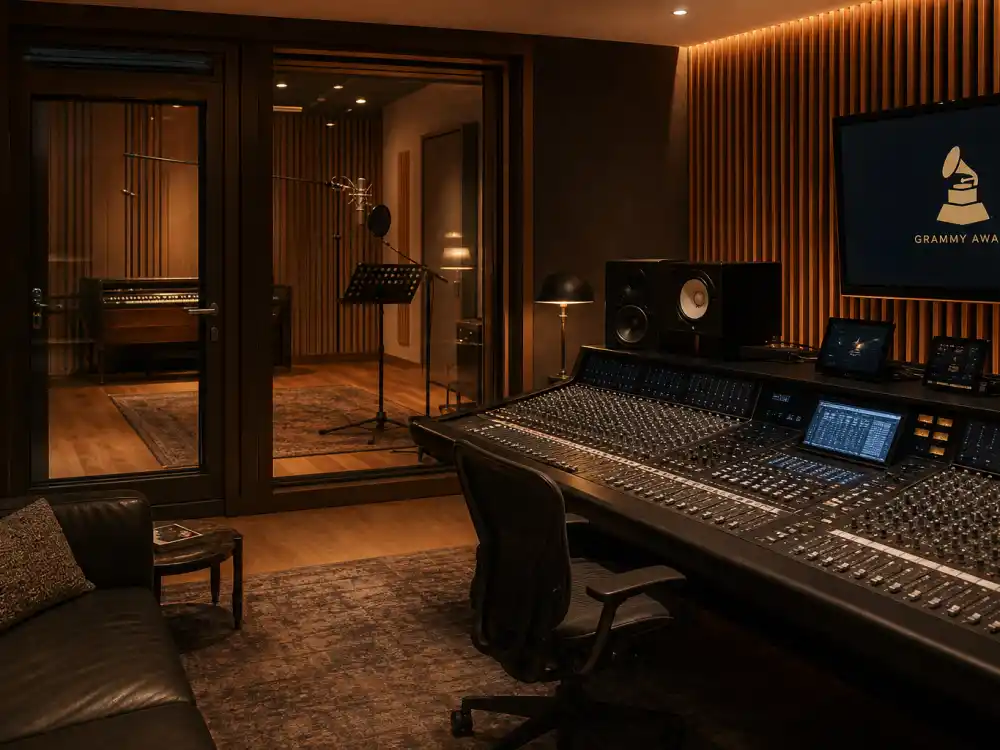 R&B recording studio reflecting how old is Lizzo career arc from Detroit flute training to Grammy-winning pop and soul superstardom