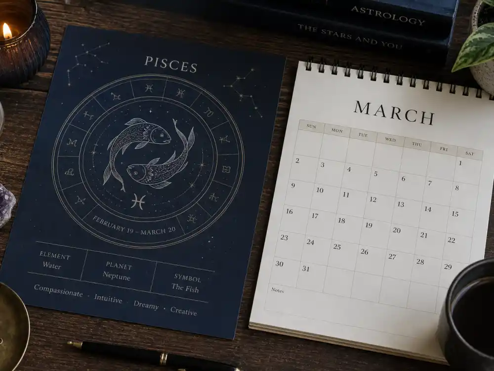 Pisces zodiac chart beside March calendar for how old is Lupita Nyongo — March 1 birth date places her under the Pisces sign in Western astrology
