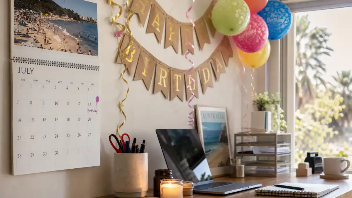 How old is Margot Robbie — desk calendar open to July with birthday decorations marking her Cancer birth date