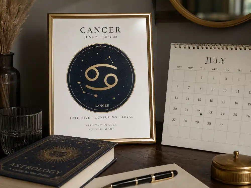 Cancer zodiac chart beside July calendar for how old is Margot Robbie — July 2 birth date places her under the Cancer sign in Western astrology