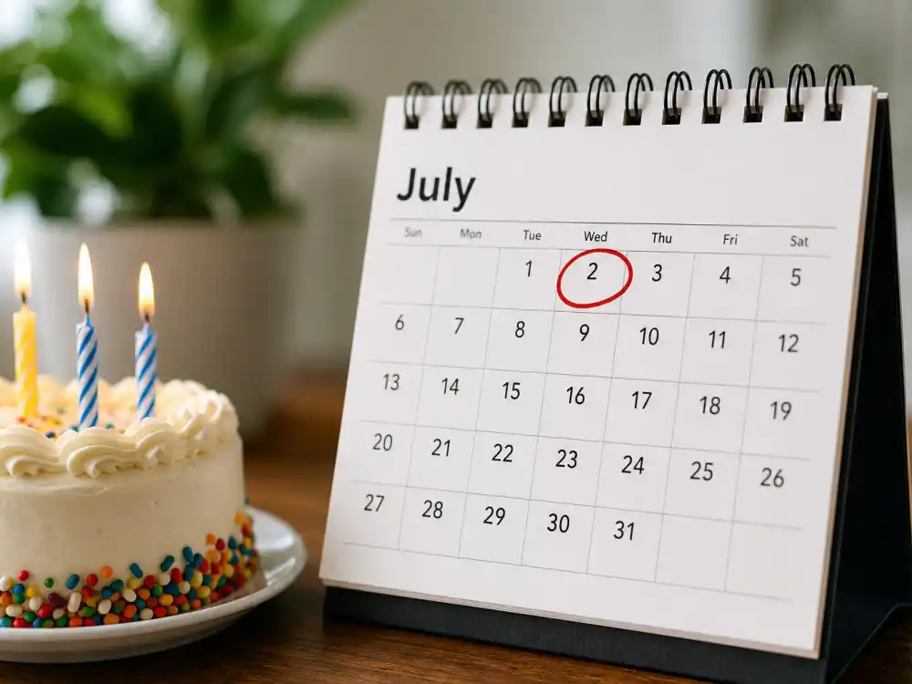 July 2 birthday calendar and candles marking how old is Margot Robbie each year when fans celebrate her Cancer birth date