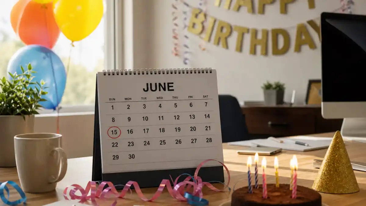 How old is Mark Wahlberg — desk calendar open to June with birthday decorations marking his Gemini birth date