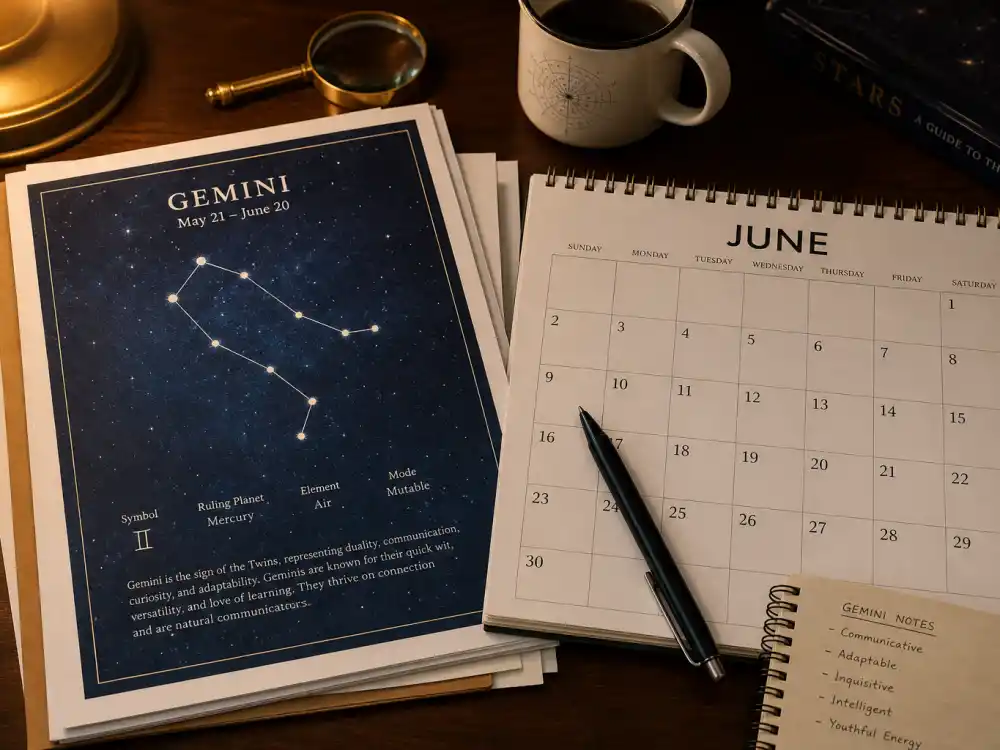 Gemini zodiac chart beside June calendar for how old is Mark Wahlberg — June 5 birth date places him under the Gemini sign in Western astrology