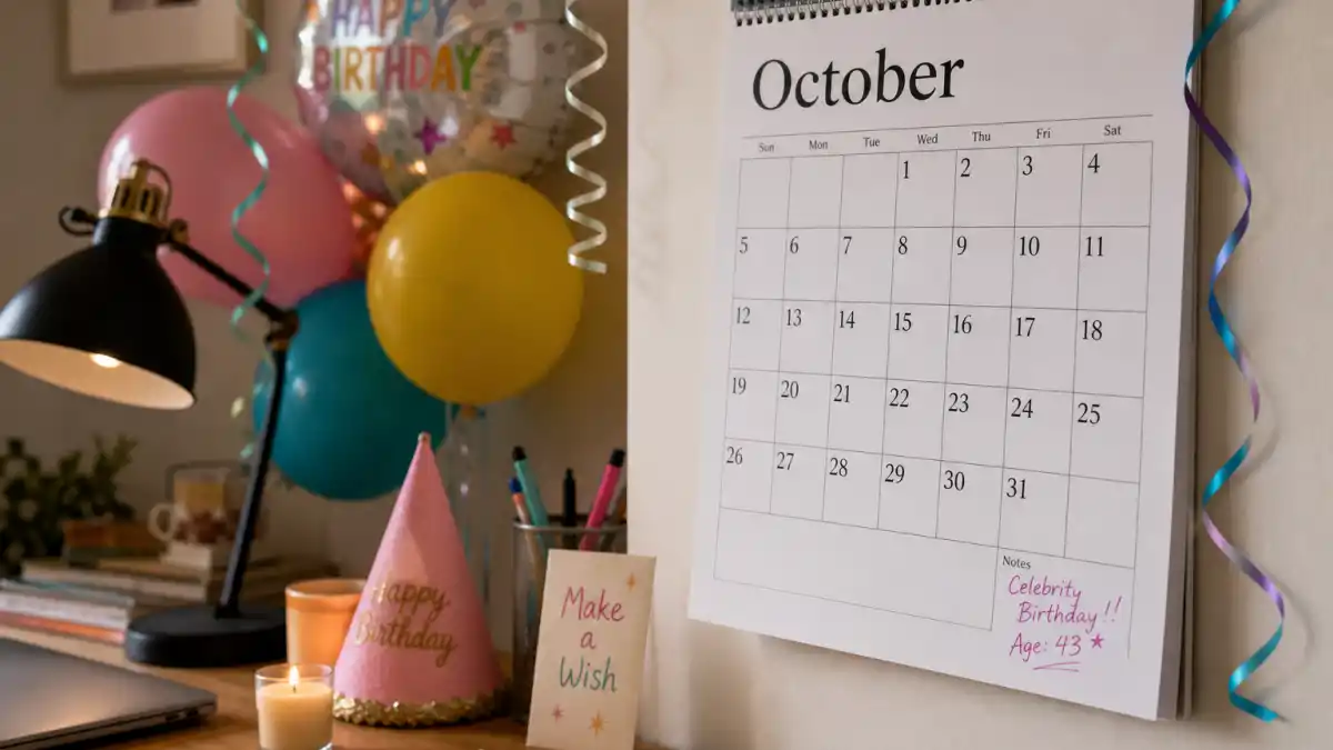 How old is Matt Damon — desk calendar open to October with birthday decorations marking his Libra birth date