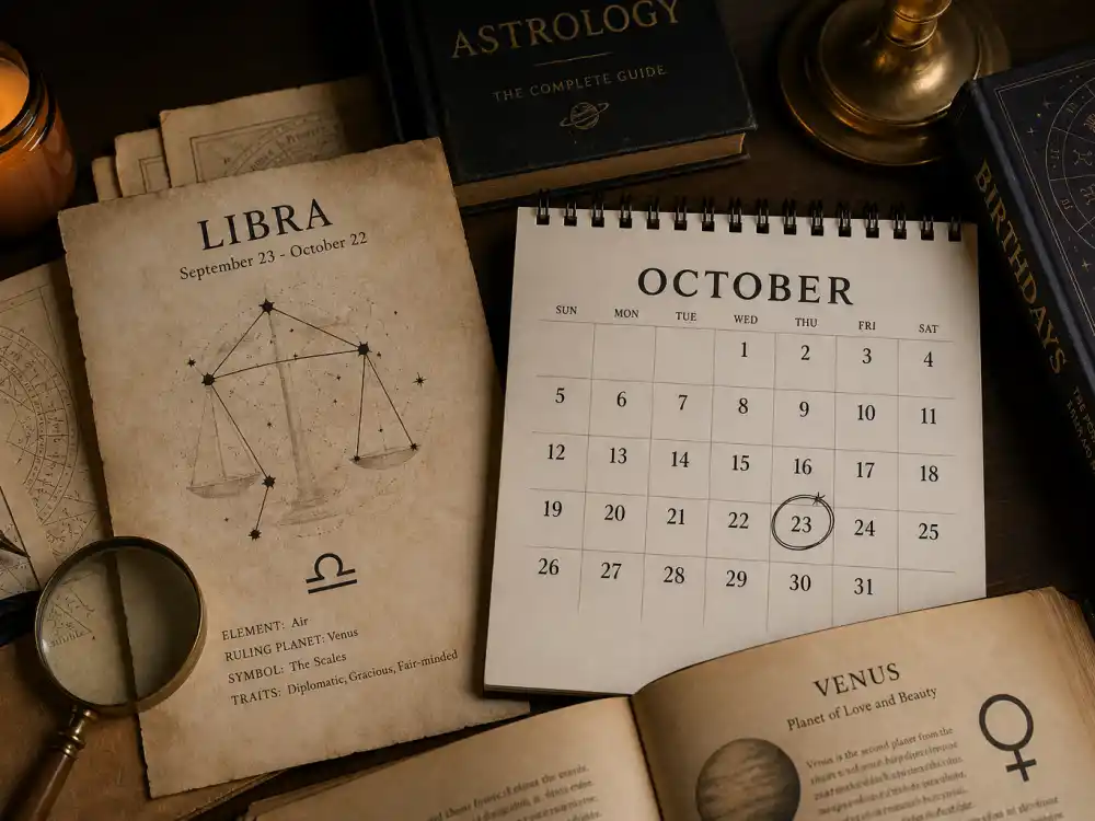 Libra zodiac chart beside October calendar for how old is Matt Damon — October 8 birth date places him under the Libra sign in Western astrology