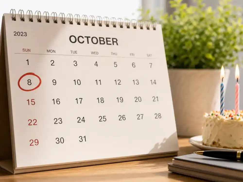 October 8 birthday calendar and candles marking how old is Matt Damon each year when fans celebrate his Libra birth date