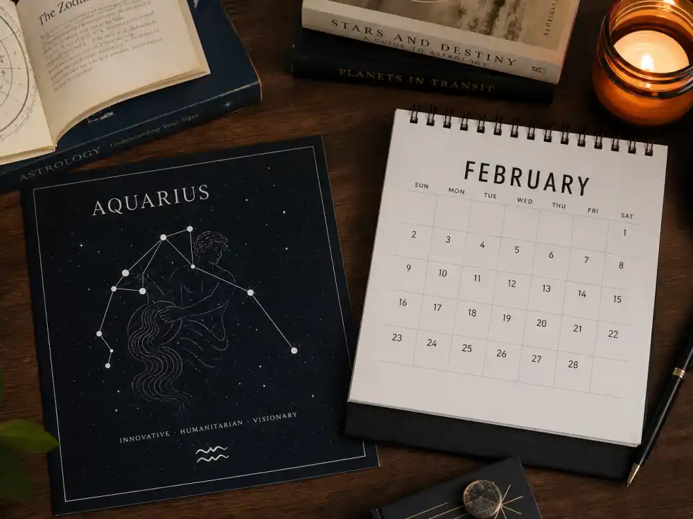 Aquarius zodiac chart beside February calendar for how old is Megan Thee Stallion — February 15 birth date places her under the Aquarius sign in Western astrology