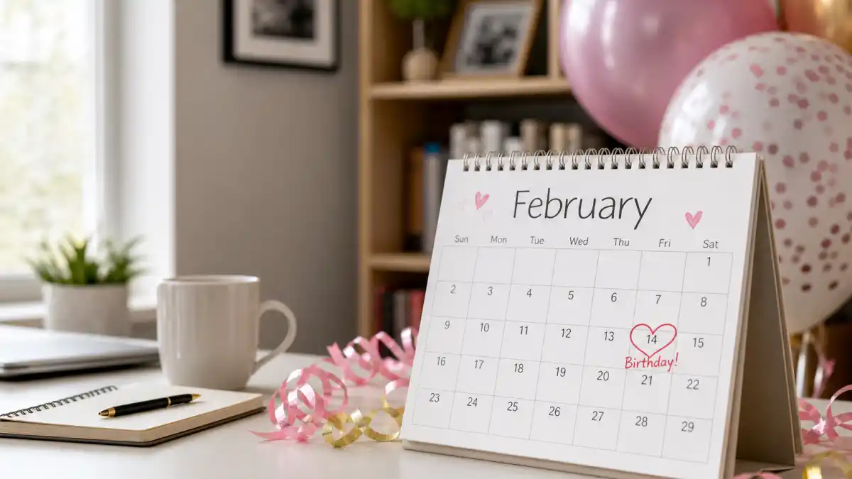 How old is Megan Thee Stallion — desk calendar open to February with birthday decorations marking her Aquarius birth date