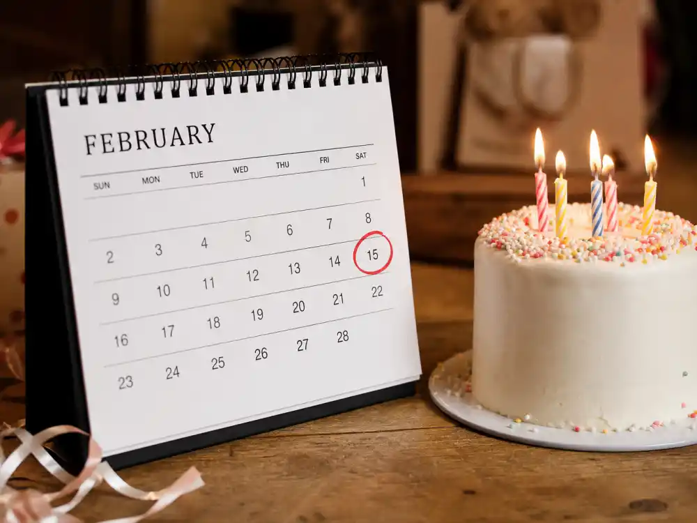 February 15 birthday calendar and candles marking how old is Megan Thee Stallion each year when fans celebrate her Aquarius birth date