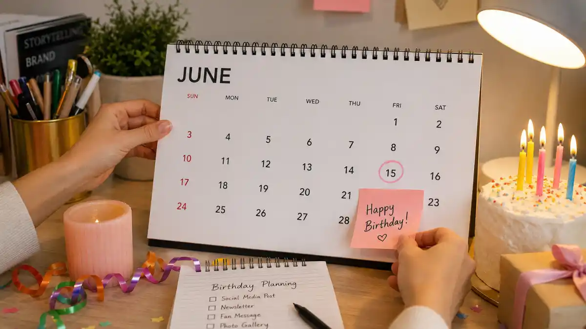 How old is Meryl Streep — desk calendar open to June with birthday decorations marking her Cancer birth date