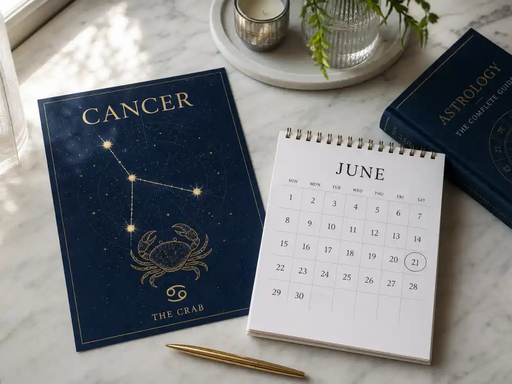 Cancer zodiac chart beside June calendar for how old is Meryl Streep — June 22 birth date places her under the Cancer sign in Western astrology