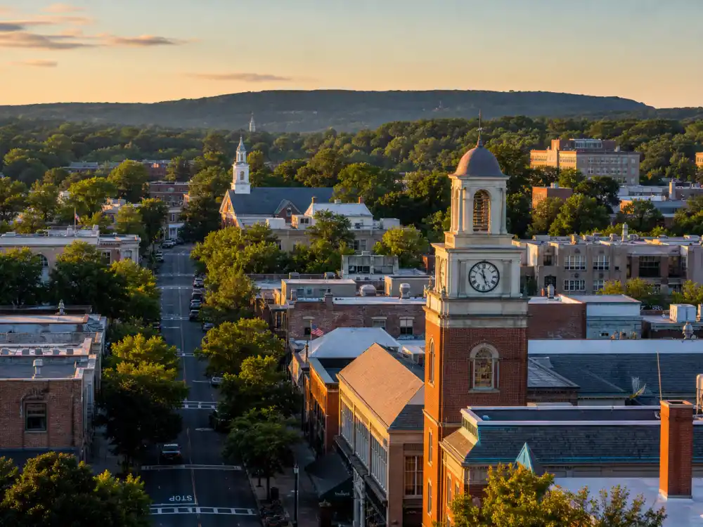 Summit New Jersey suburban skyline evoking how old is Meryl Streep birthplace — the city where Mary Louise Streep was born on June 22, 1949