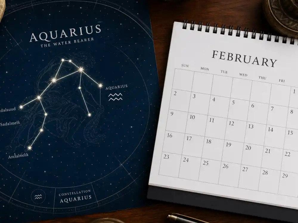 Aquarius zodiac chart beside February calendar for how old is Michael B Jordan — February 9 birth date places him under the Aquarius sign in Western astrology