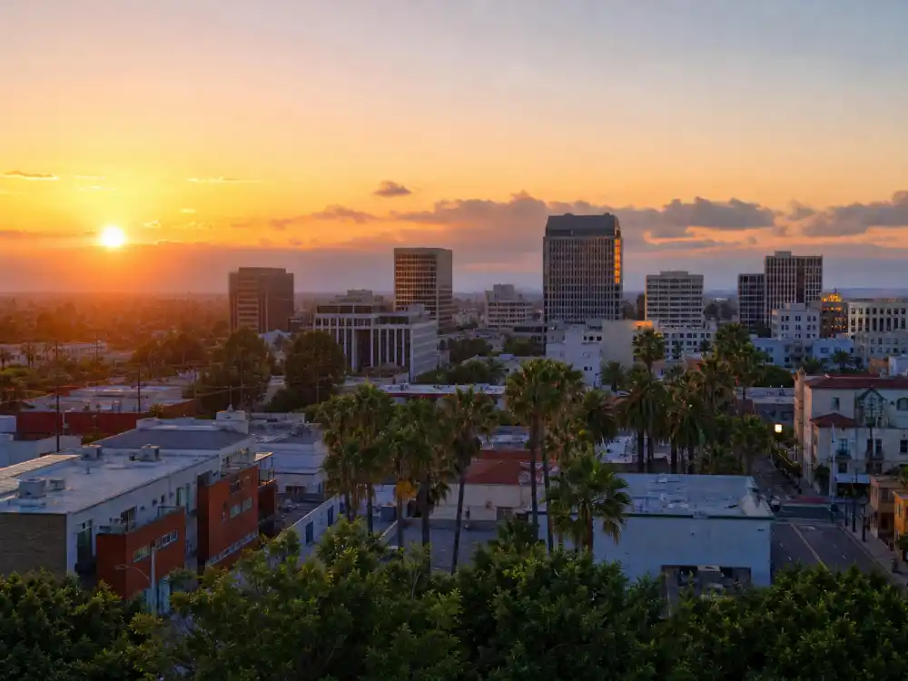 Santa Ana California skyline evoking how old is Michael B Jordan birthplace — the Orange County city where Michael Bakari Jordan was born on February 9, 1987