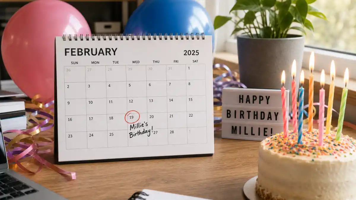 How old is Millie Bobby Brown — desk calendar open to February with birthday decorations marking her Pisces birth date
