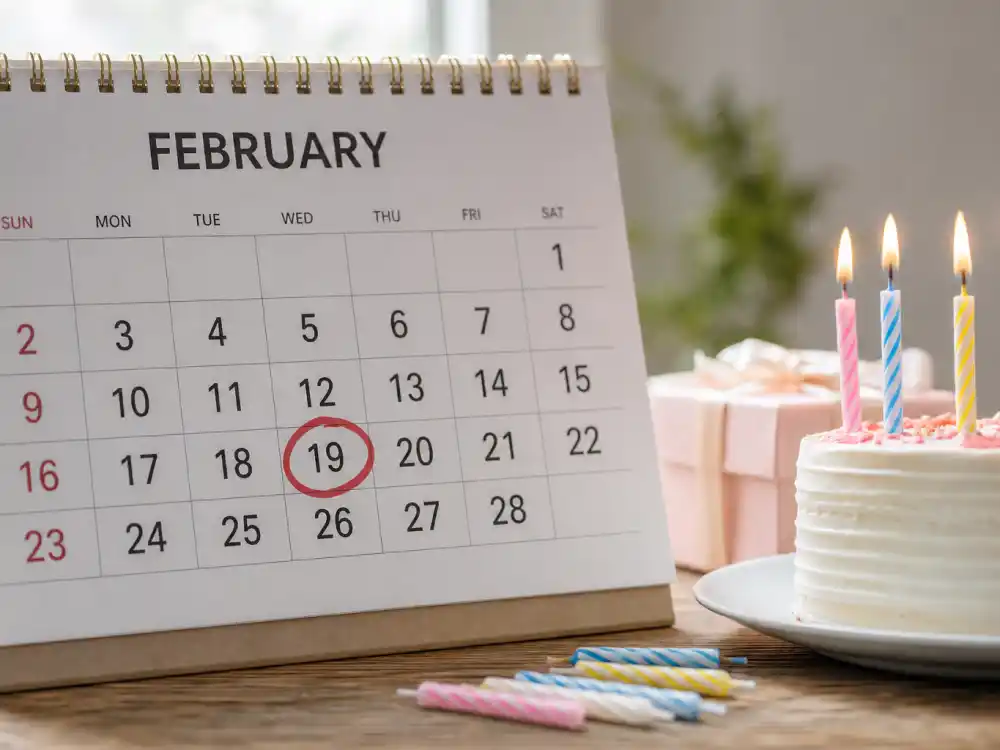 February 19 birthday calendar and candles marking how old is Millie Bobby Brown each year when fans celebrate her Pisces birth date
