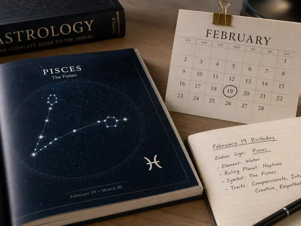 Pisces zodiac chart beside February calendar for how old is Millie Bobby Brown — February 19 birth date places her under the Pisces sign in Western astrology