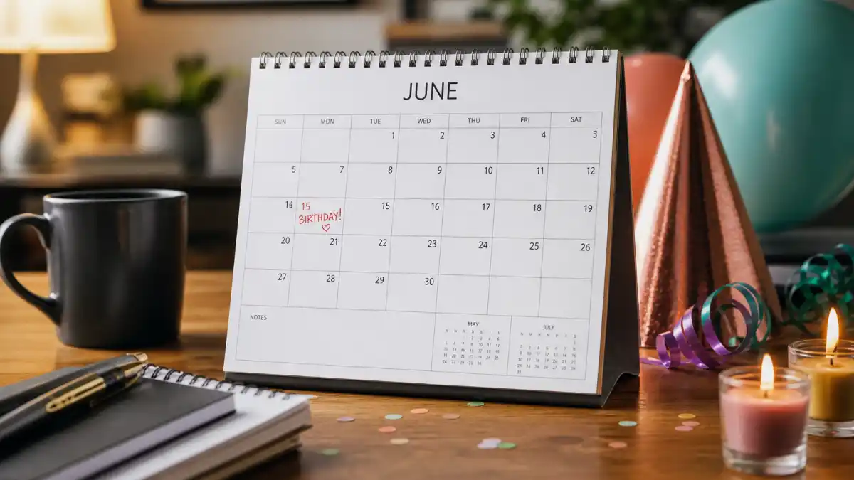 How old is Natalie Portman — desk calendar open to June with birthday decorations marking her Gemini birth date
