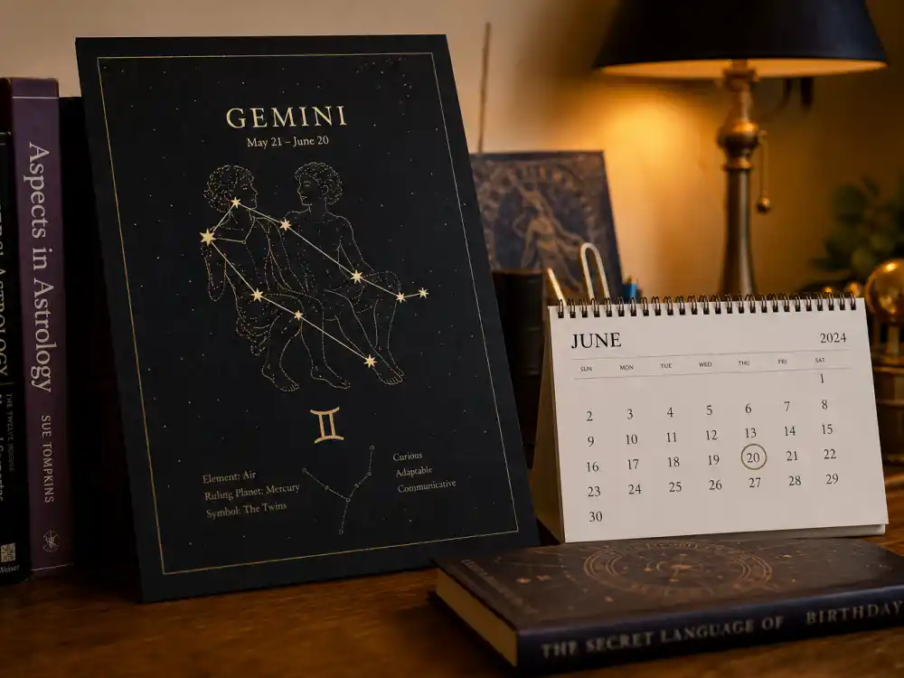 Gemini zodiac chart beside June calendar for how old is Natalie Portman — June 9 birth date places her under the Gemini sign in Western astrology