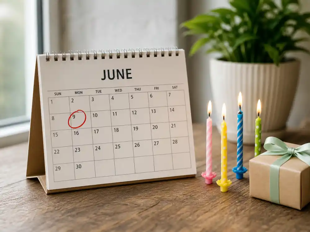 June 9 birthday calendar and candles marking how old is Natalie Portman each year when fans celebrate her Gemini birth date