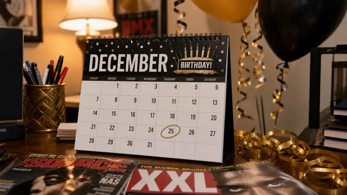 How old is Nicki Minaj — desk calendar open to December with birthday decorations marking her Sagittarius birth date
