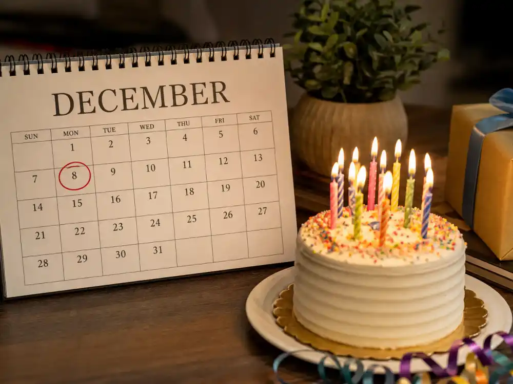 December 8 birthday calendar and candles marking how old is Nicki Minaj each year when fans celebrate her Sagittarius birth date