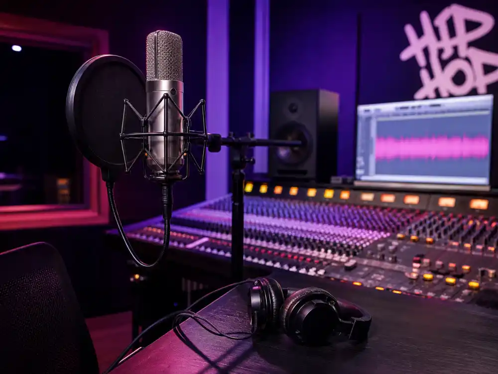 Hip-hop recording studio reflecting how old is Nicki Minaj career arc from Queens mixtapes to global rap superstardom and chart-topping albums
