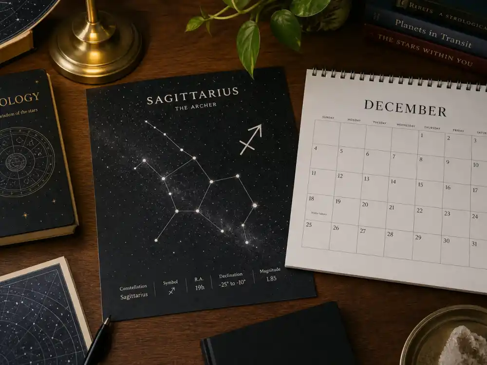 Sagittarius zodiac chart beside December calendar for how old is Nicki Minaj — December 8 birth date places her under the Sagittarius sign in Western astrology